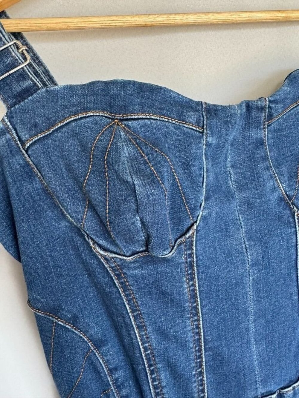 Bebe Blue Stretch Denim Sweetheart Corset Strap Flare Leg Jumpsuit Size 12 Tall - Picture 2 of 14